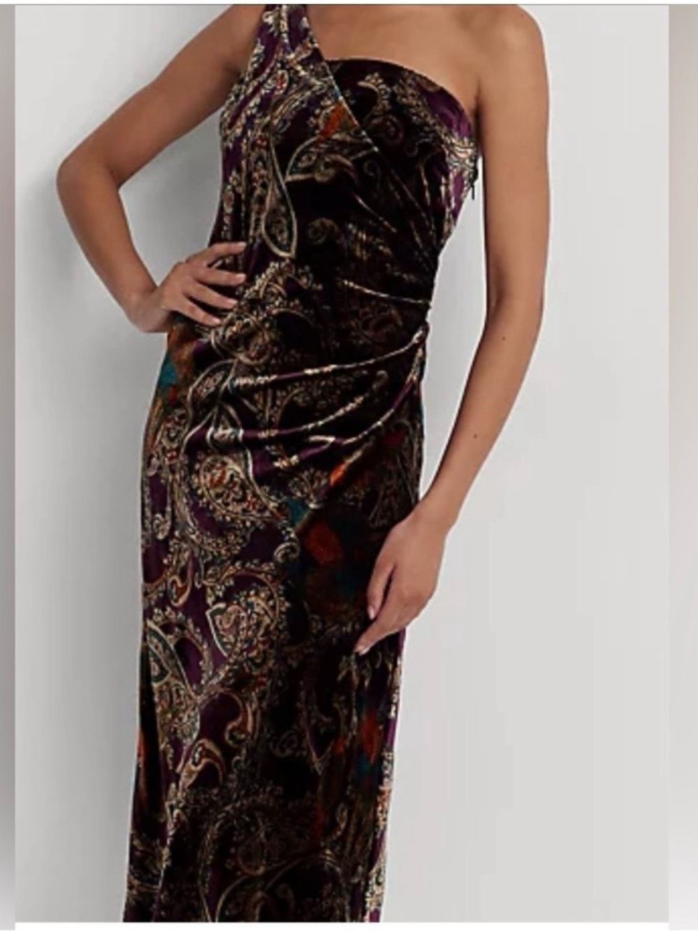 Ralph Lauren one shoulder velveteen Formal Paisley Midi Dress.